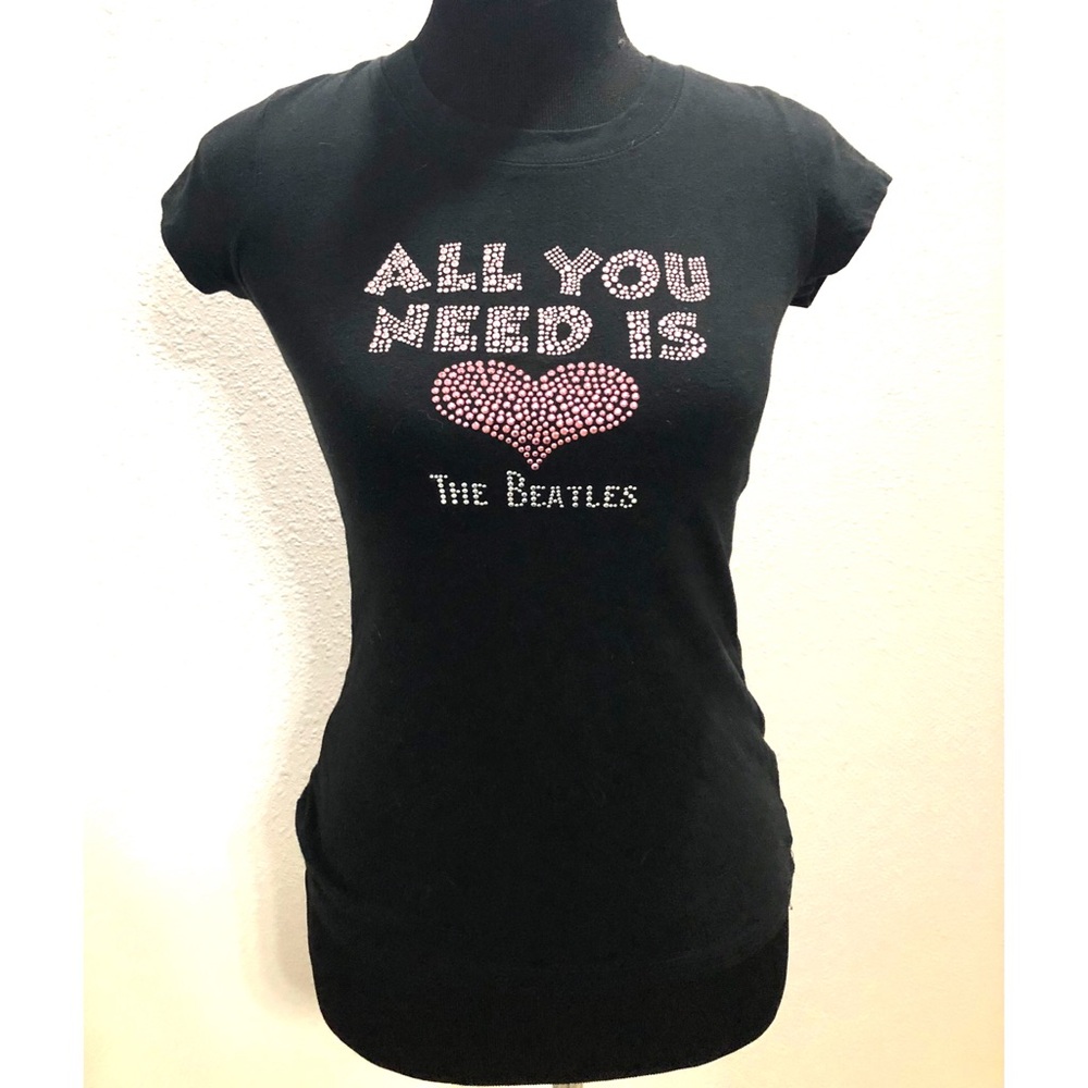 Beatles Black Fitted Tee, Cap Sleeves with All You Need Is Love Design